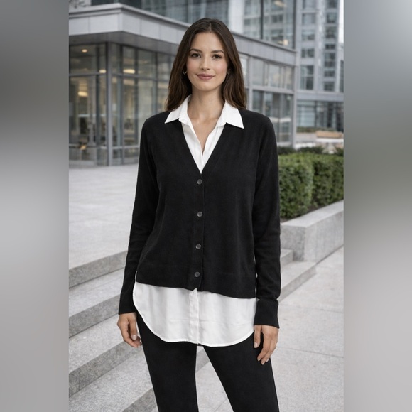 Bloomingdale's Sweaters - C by Bloomingdale’s Cashmere Layered Shirt Cardigan XL Black White NWT